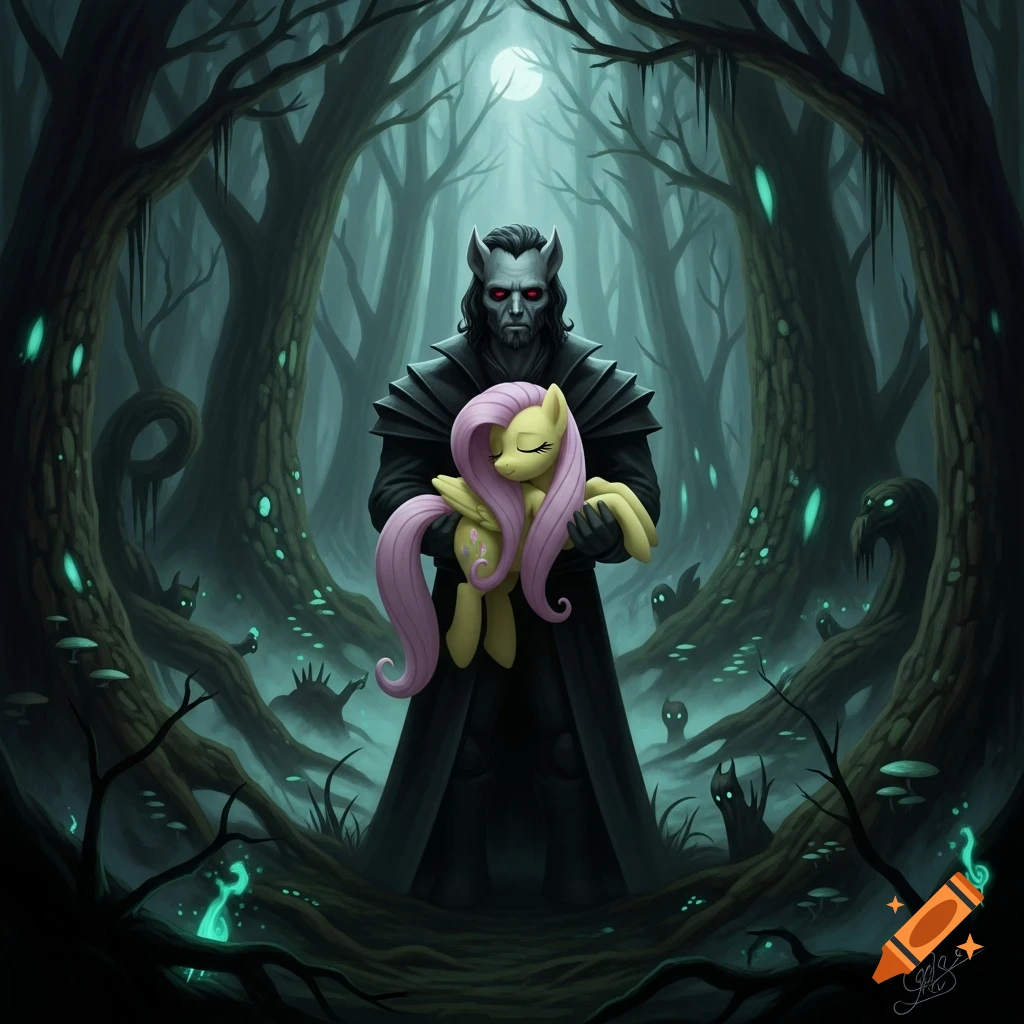 A dark fantasy illustration of a horned, pale-skinned man holding a yellow pony with pink hair in an eerie, glowing forest.