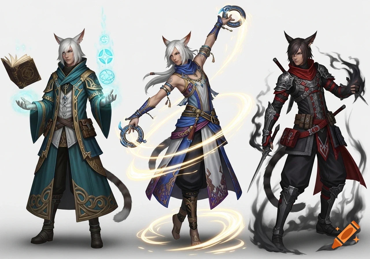 Three male Miqo'te fantasy characters in distinct class outfits: a scholar in teal, a dancer in blue and gold, and a ninja in red and black, all with cat ears and tails.
