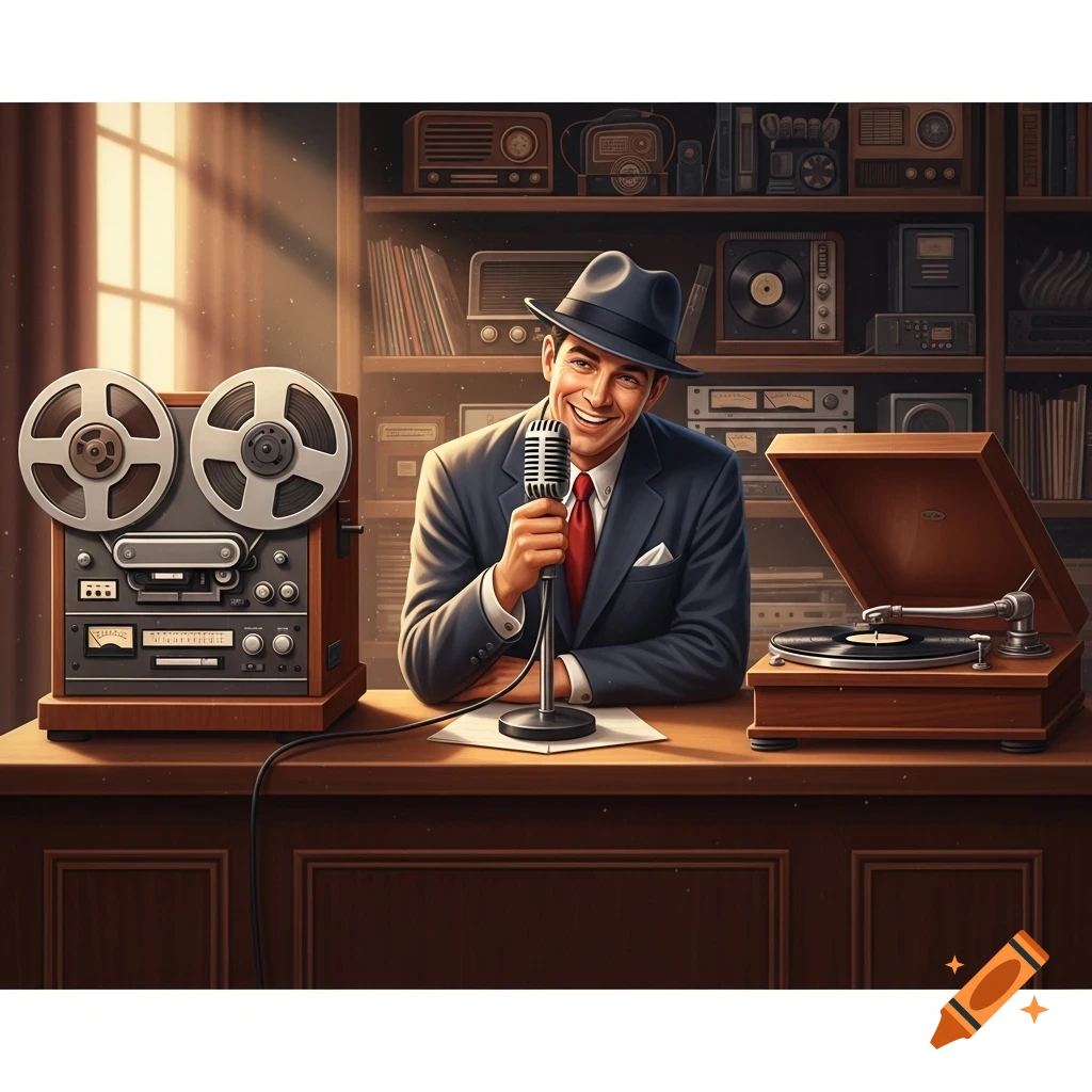 A smiling man in a suit and fedora holds a vintage microphone behind a desk with a reel-to-reel player and a record player.
