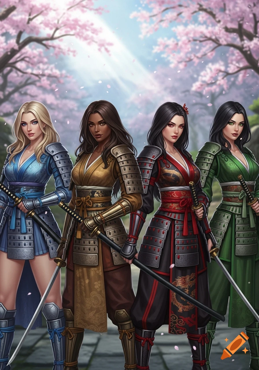 Four diverse warrior women in colorful kimonos and samurai armor stand with katanas amidst a cherry blossom garden.