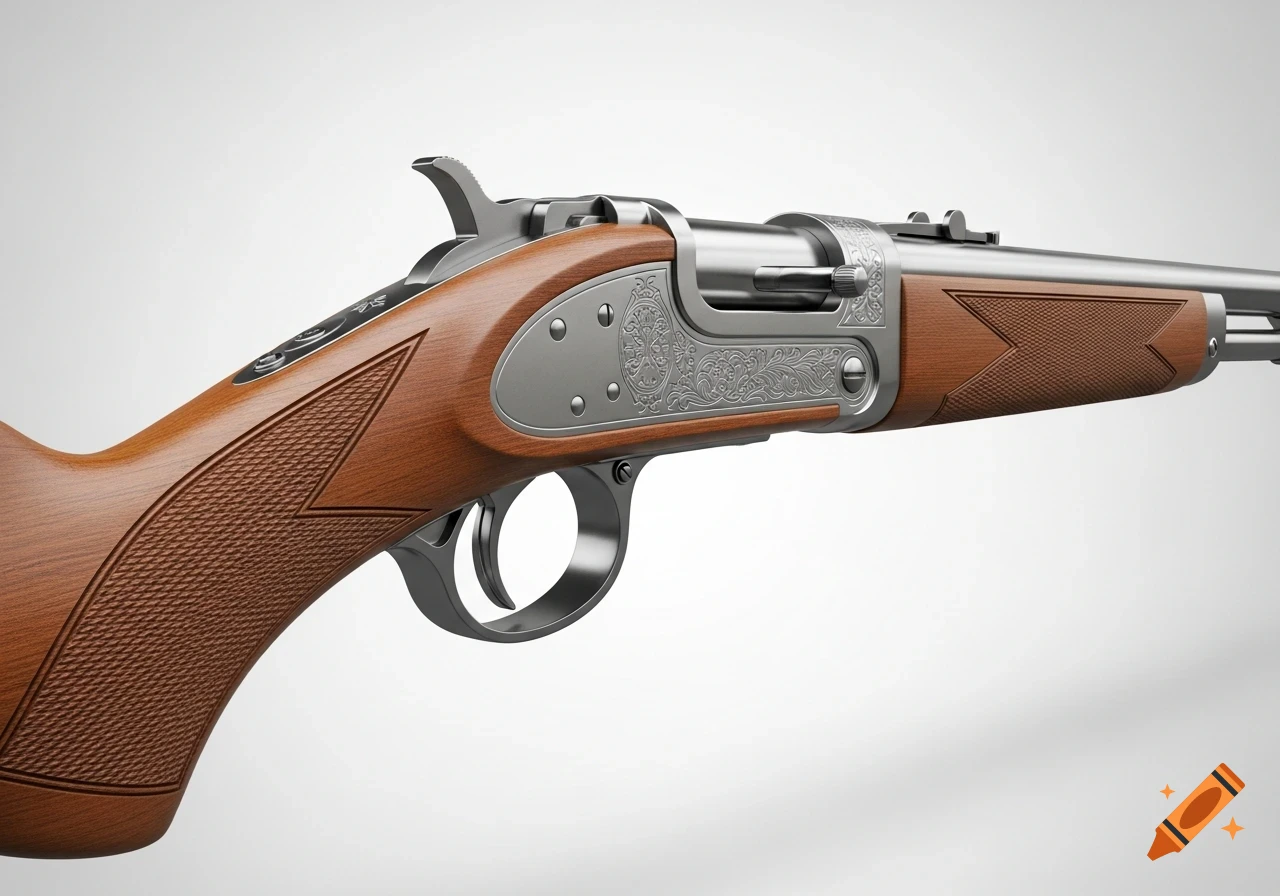 Photorealistic 3D render of a Red Rider carbine rifle, showcasing its detailed wood stock and engraved metal receiver on a white background.