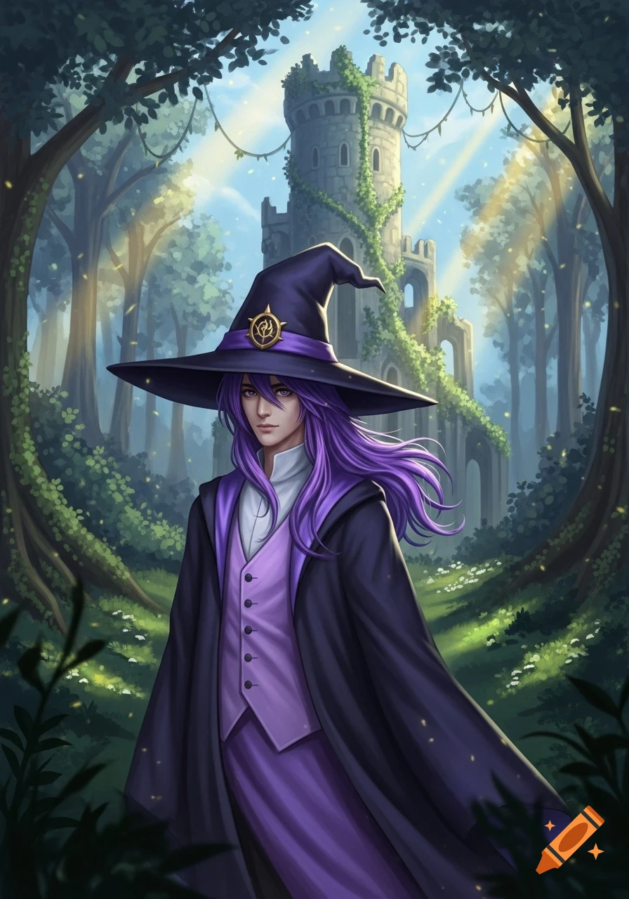 Anime-style illustration of a wizard man with purple hair and robe, standing in a magical forest with a stone tower.