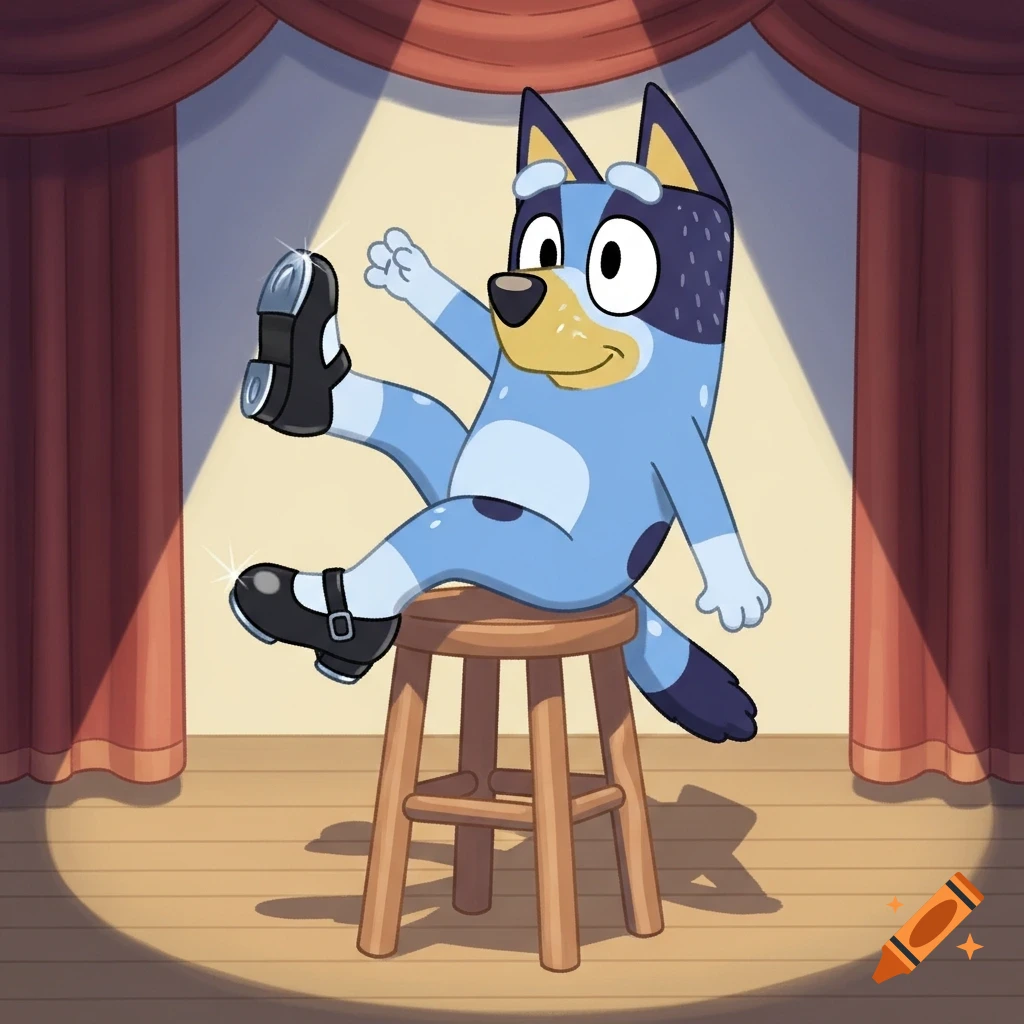 Bluey Heeler, a cartoon blue dog, sits on a wooden stool on a stage with red curtains, wearing black tap shoes.