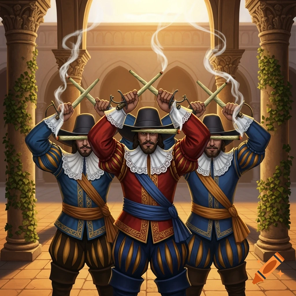 Three stylized musketeers in red and blue outfits hold smoking joints crossed above their heads in an ornate archway.