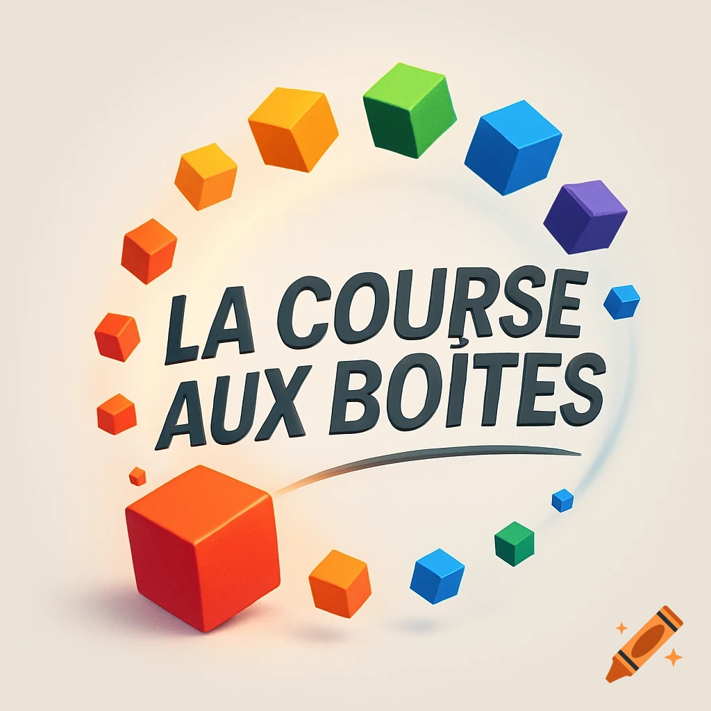 A logo for 'LA COURSE AUX BOITES' featuring the title text in a dark, bold font, surrounded by a circular arrangement of colorful 3D cubes of varying sizes on a light background.