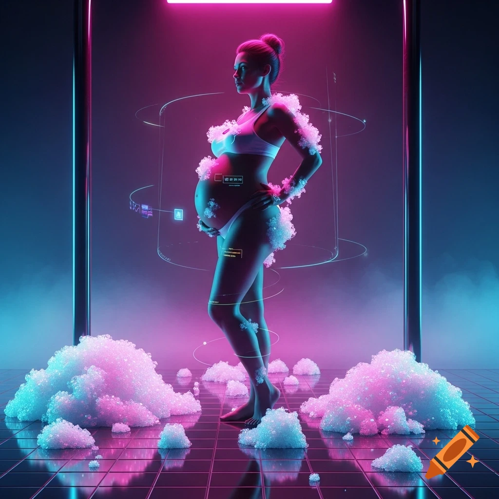 Pregnant woman in a neon-lit futuristic setting, adorned with glowing digital elements and pink suds.