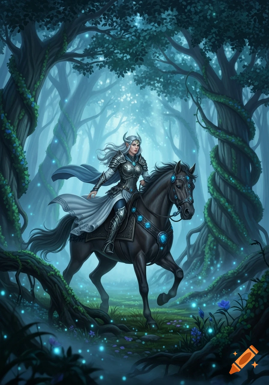An elven warrior with white hair in ornate armor rides a black horse through a mystical, glowing forest.