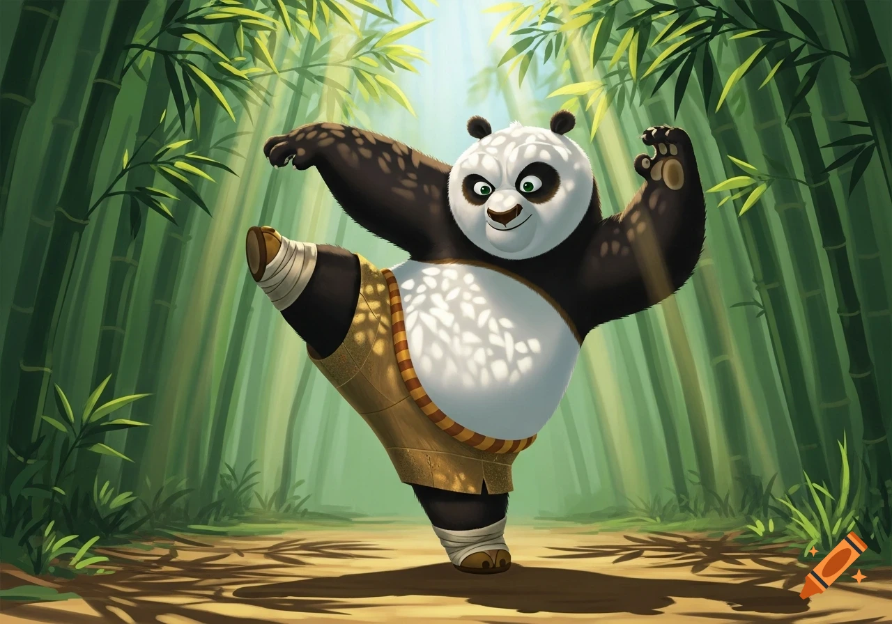 A cartoon panda, Po from Kung Fu Panda, performs a martial arts pose, balancing on one leg in a sunny bamboo forest.