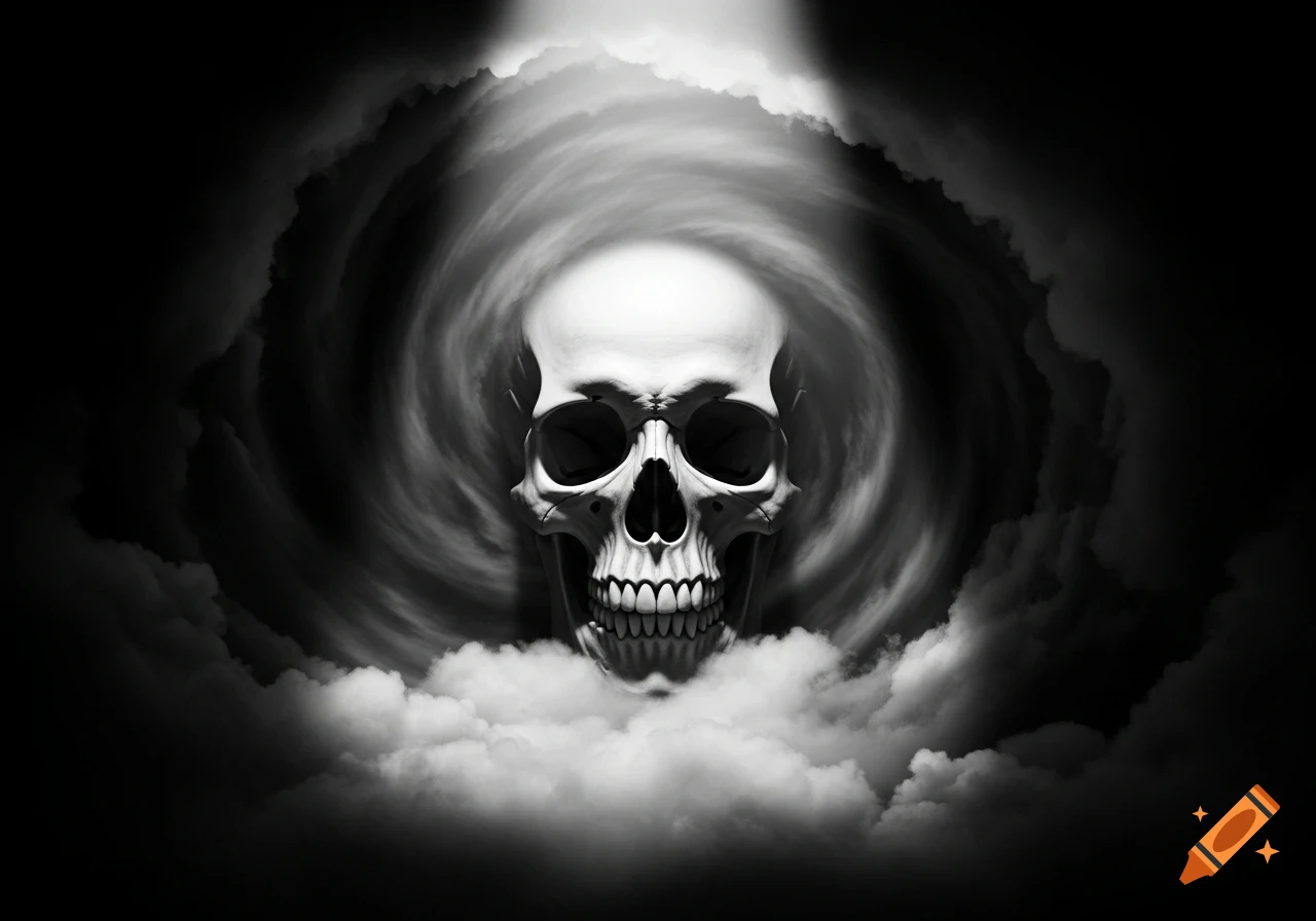 A stark black and white image of a human skull, illuminated by a spotlight, emerging from swirling dark clouds.