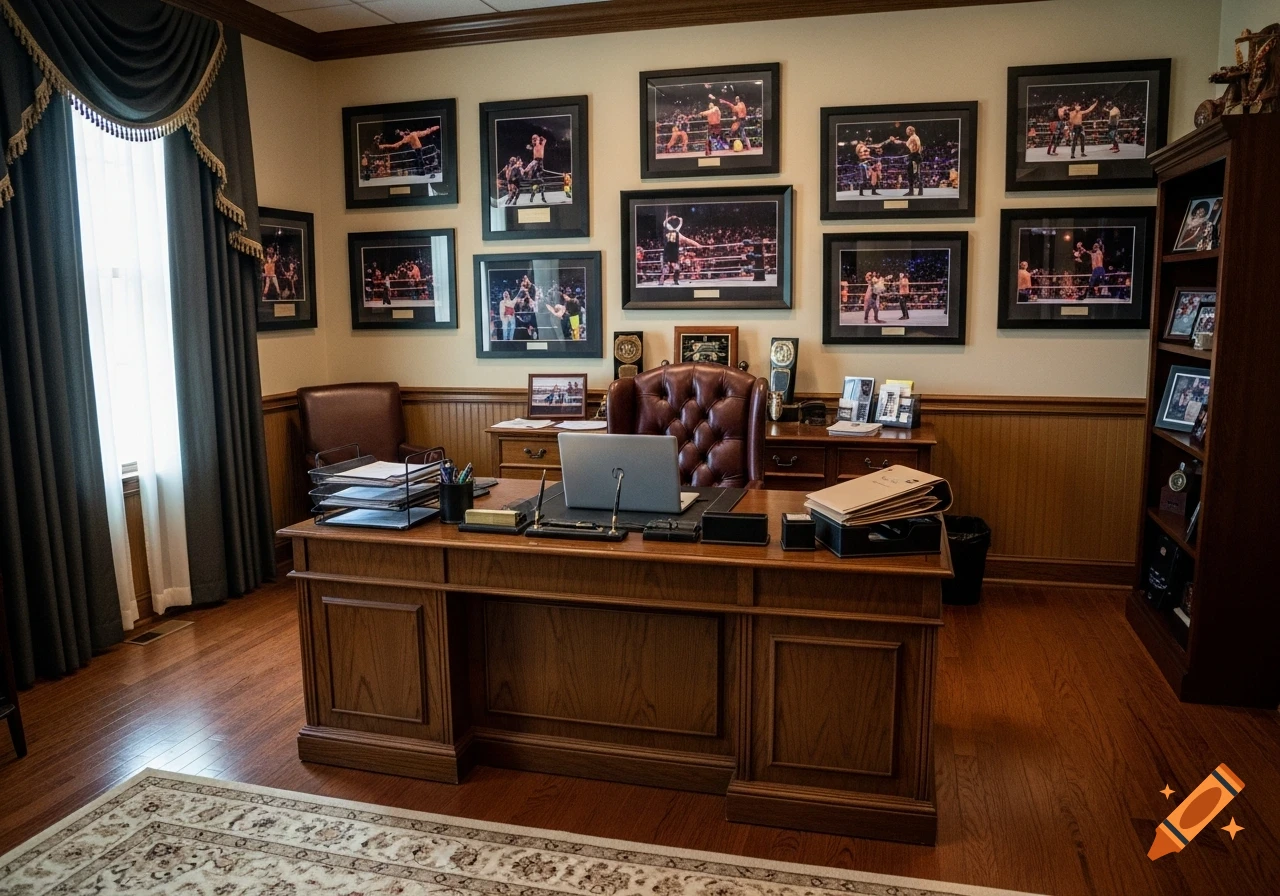 A well-furnished office featuring a large wooden desk, a brown leather tufted chair, and walls adorned with framed wrestling photos.