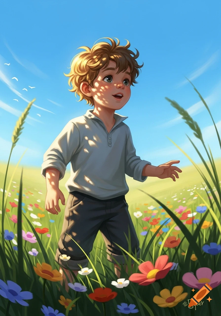 A cheerful, curly-haired boy stands in a sun-dappled field of vibrant wildflowers under a blue sky, in an illustration style.