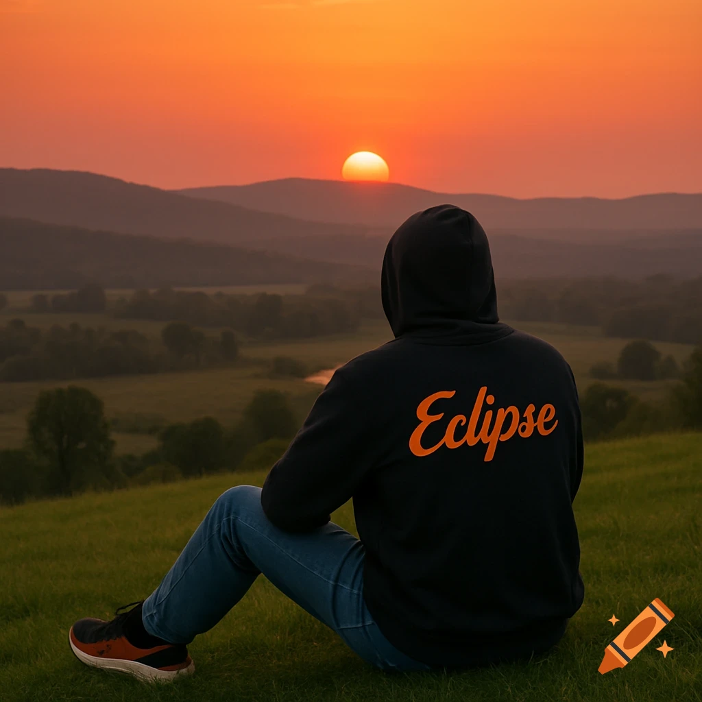 A person in a black Eclipse hoodie sits on a grassy hill, gazing at a vibrant orange sunset over a valley and distant hills.