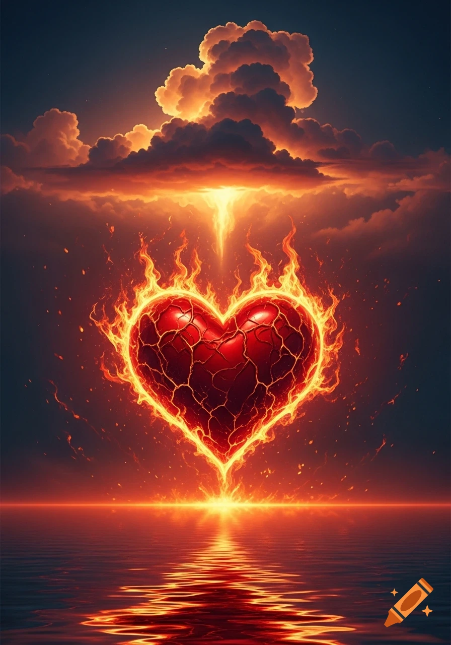 A vibrant red, cracked heart glows with orange flames, suspended above a reflective body of water. Fiery clouds are above.