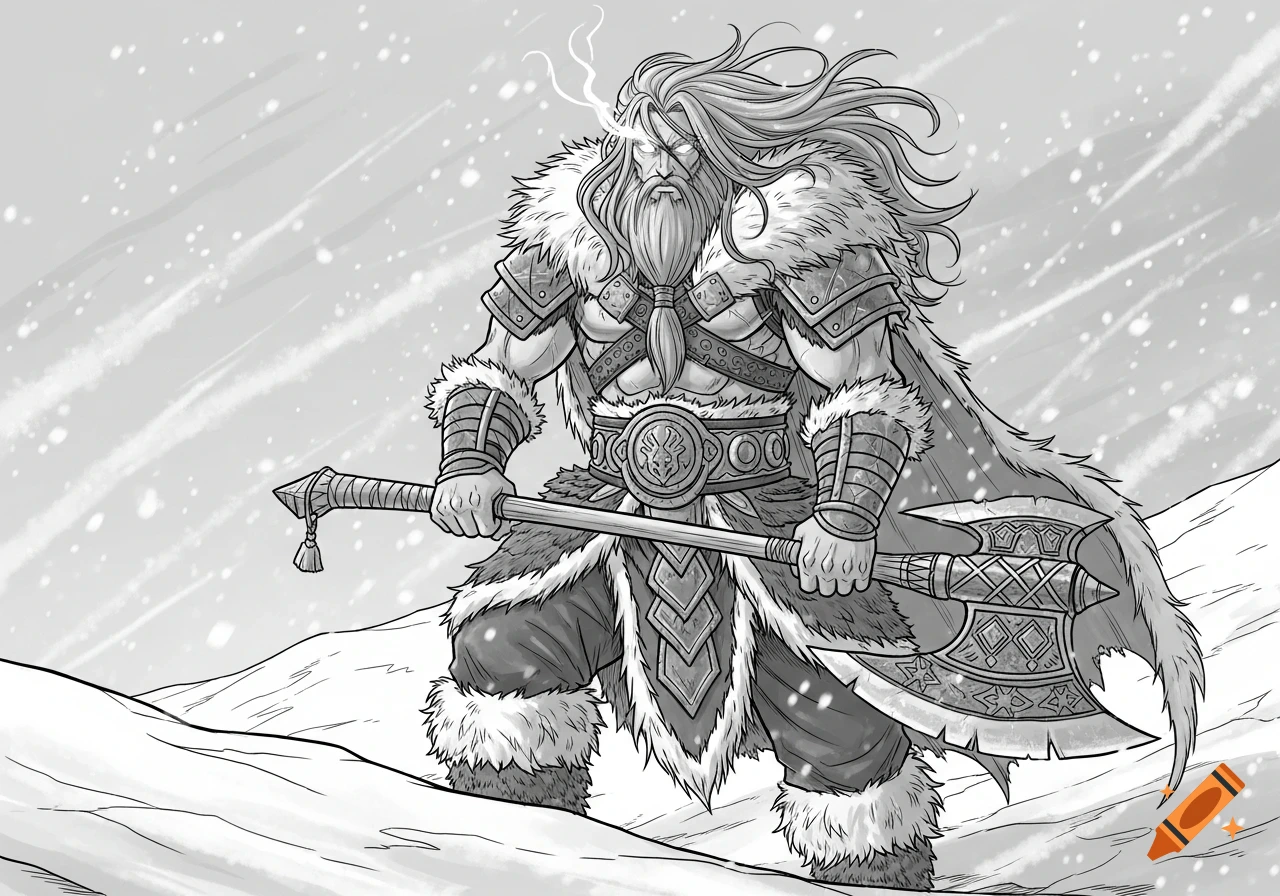 Manga sketch of a muscular, bearded man with glowing eyes in fur armor, holding an axe in a snowy landscape.