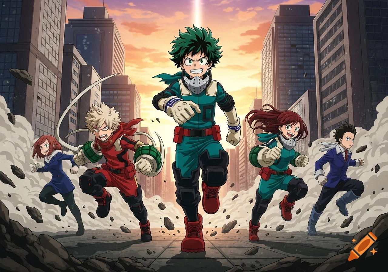 Five anime superhero characters from My Hero Academia, led by Izuku Midoriya, run through a damaged city.