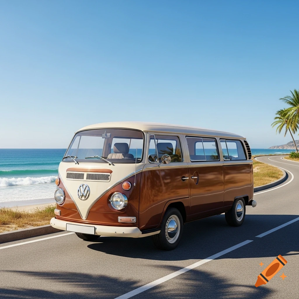 A vintage brown and beige Volkswagen van parked on a coastal road overlooking the ocean under a clear blue sky.