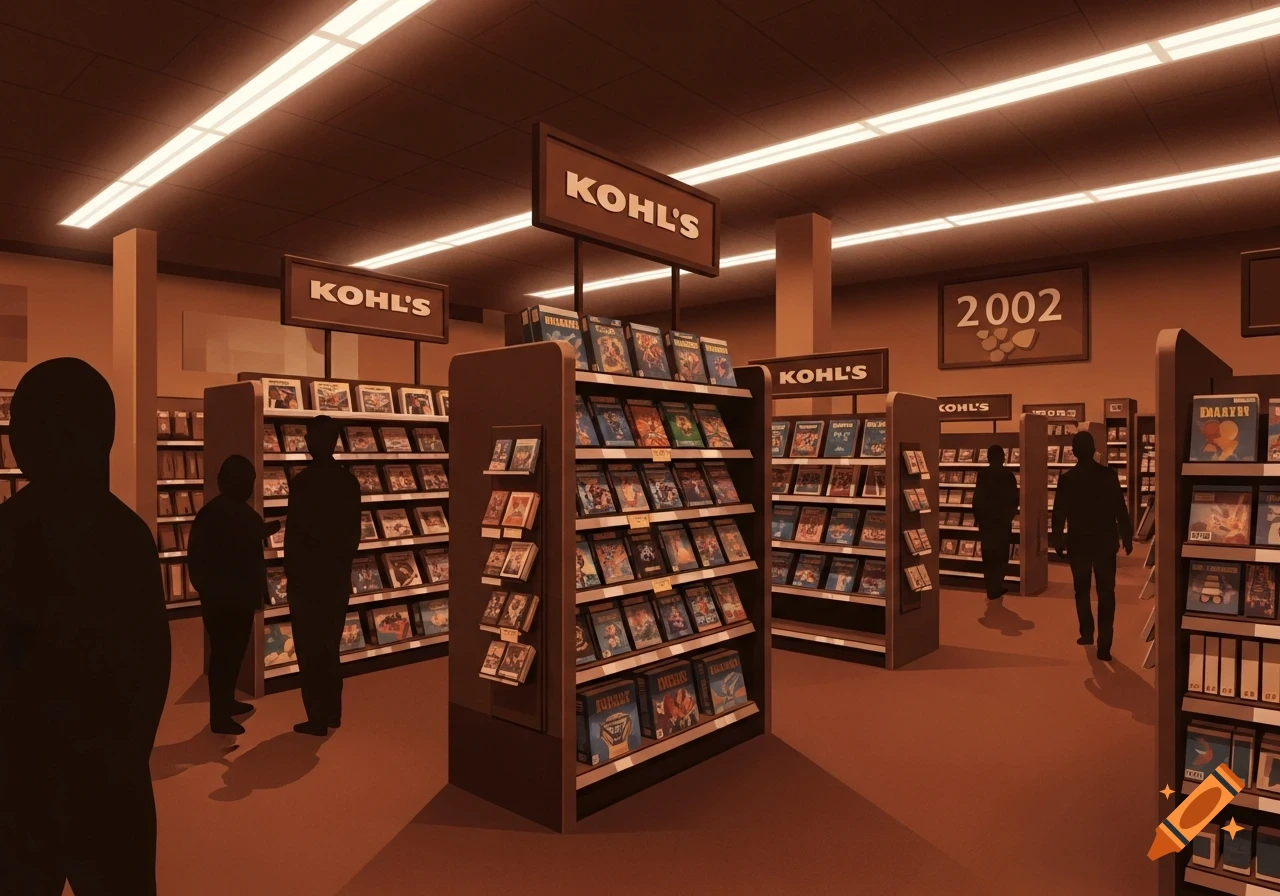 Stylized illustration of people shopping in a brown-themed Kohl's video game section with shelves of media and bright overhead lights.