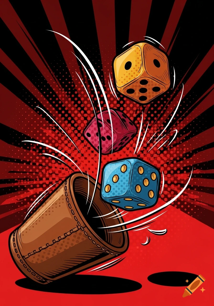 Three colorful dice burst from a brown cup against a red and black comic book-style background with speed lines and halftone dots.