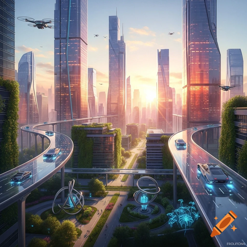 A bright futuristic cityscape at sunrise with elevated roads, flying ...
