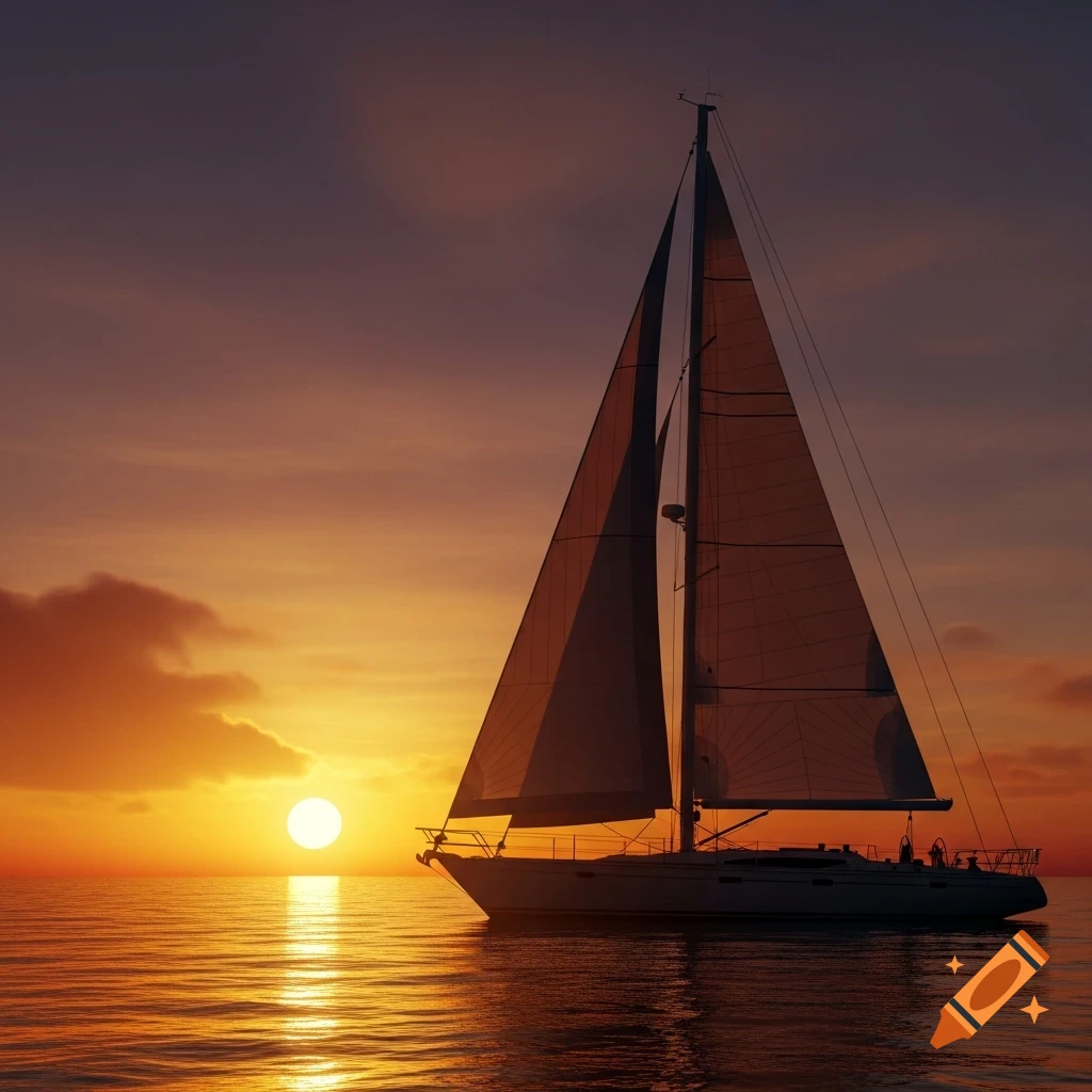 A sailboat with full sails crosses a calm ocean at sunset, reflecting the vibrant orange and yellow sky.