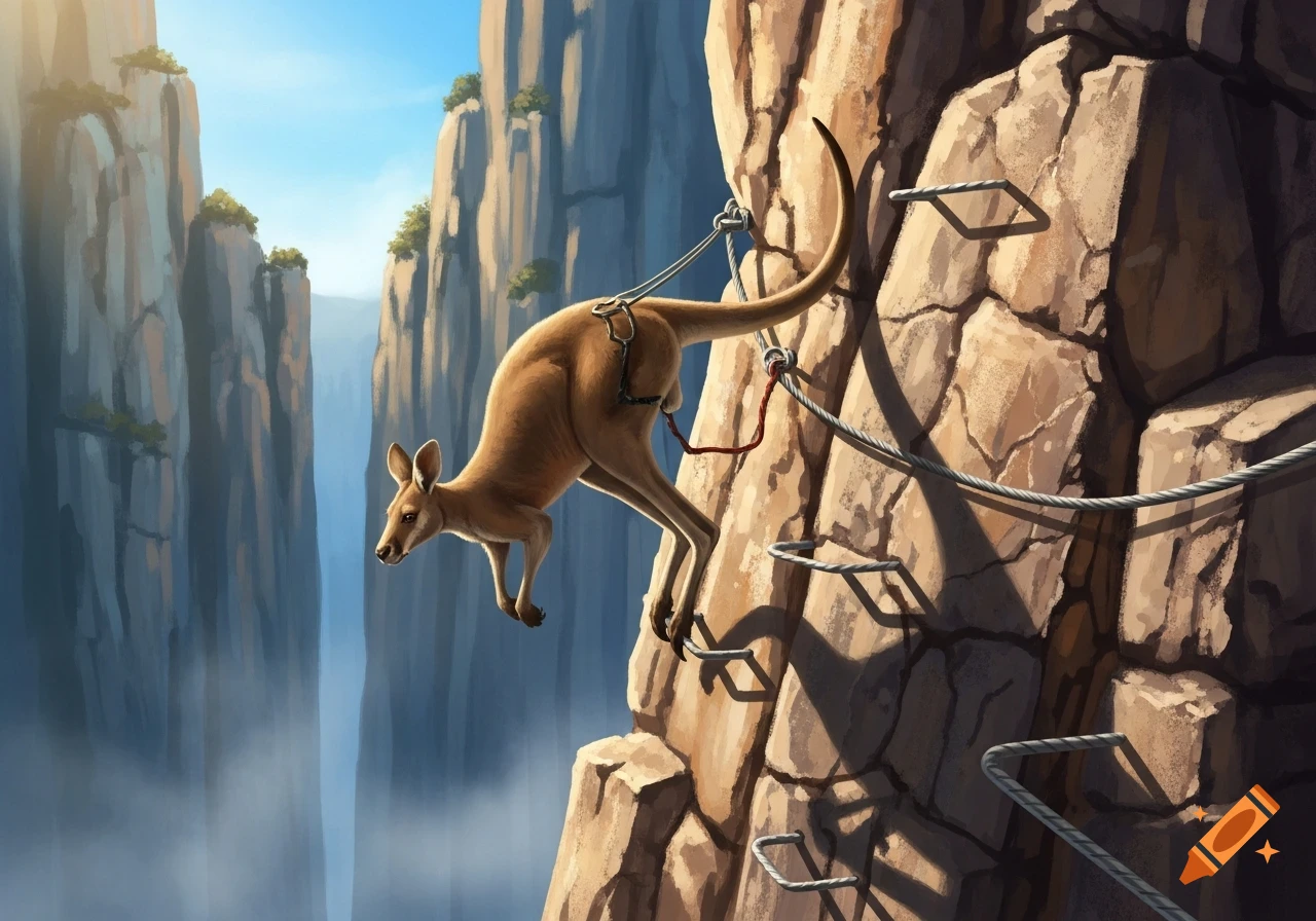 A kangaroo in a climbing harness scales a rocky cliff face, with distant mountains and a misty canyon below, digital art style.