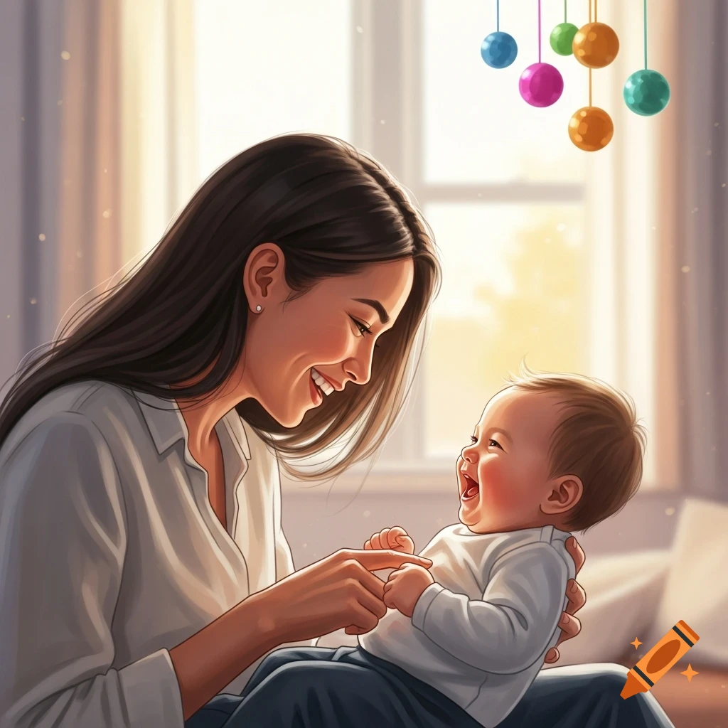 A smiling mother tickles her laughing baby in a warm, bright room with colorful hanging toys, in a digital art style.
