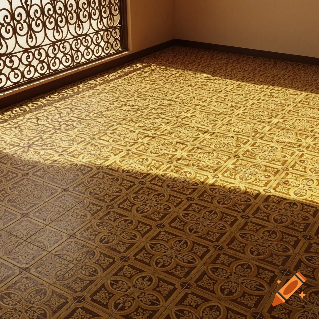 A tiled floor with ornate yellow and brown patterns, illuminated by sunlight streaming through a decorative metal window grate.
