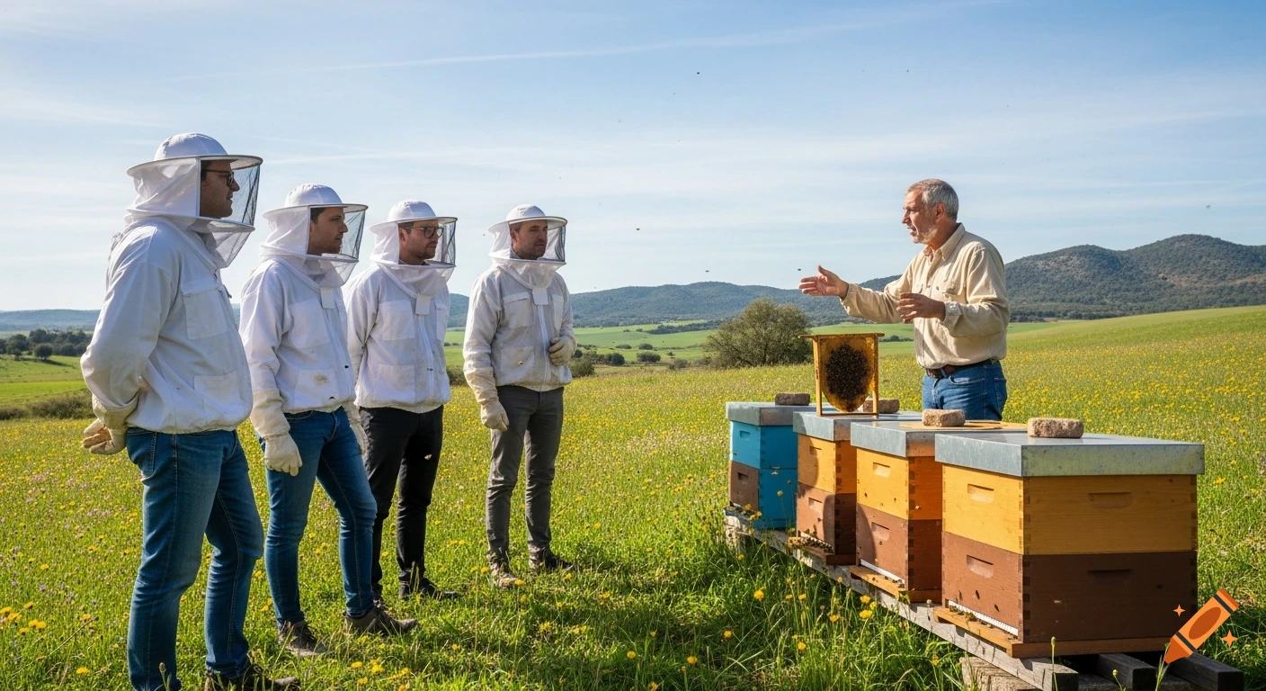 An instructor teaches adults in protective suits about beekeeping next to beehives in a sunny, green field with mountains. Photorealistic.