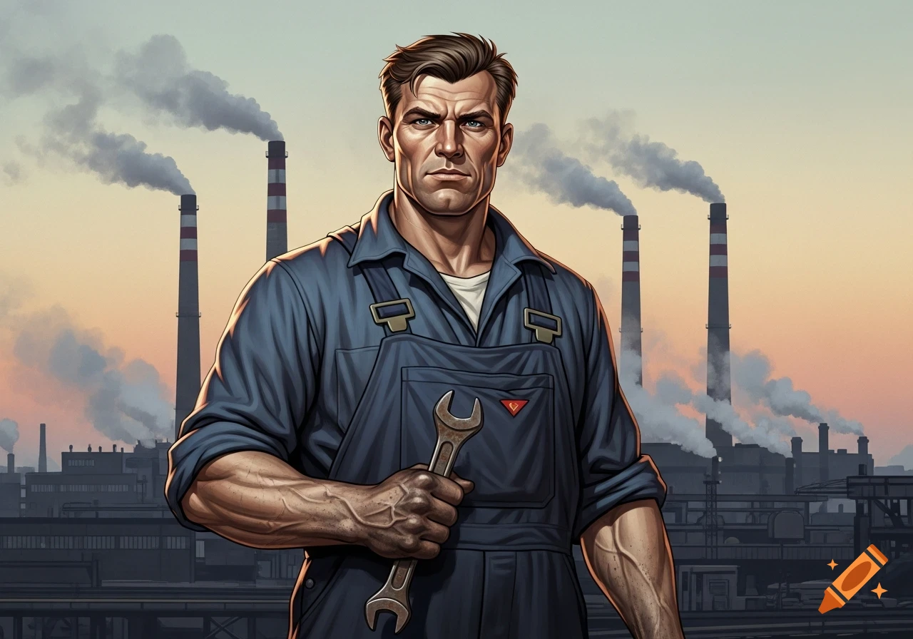 Illustrative image of a muscular man in blue overalls holding a wrench, with an industrial factory in the background.