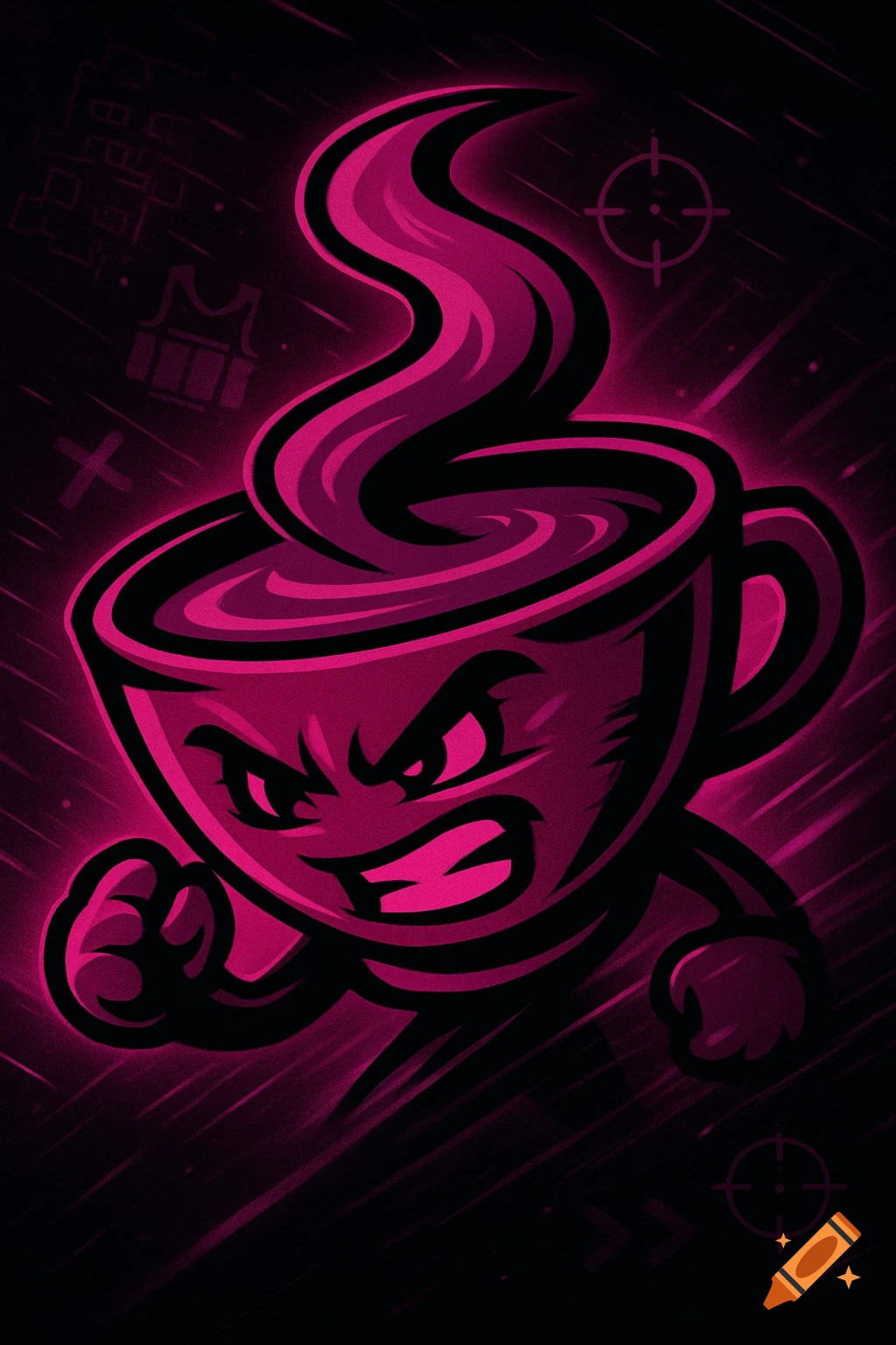 Angry magenta and black cartoon coffee cup mascot with steam and gaming icons in the background.