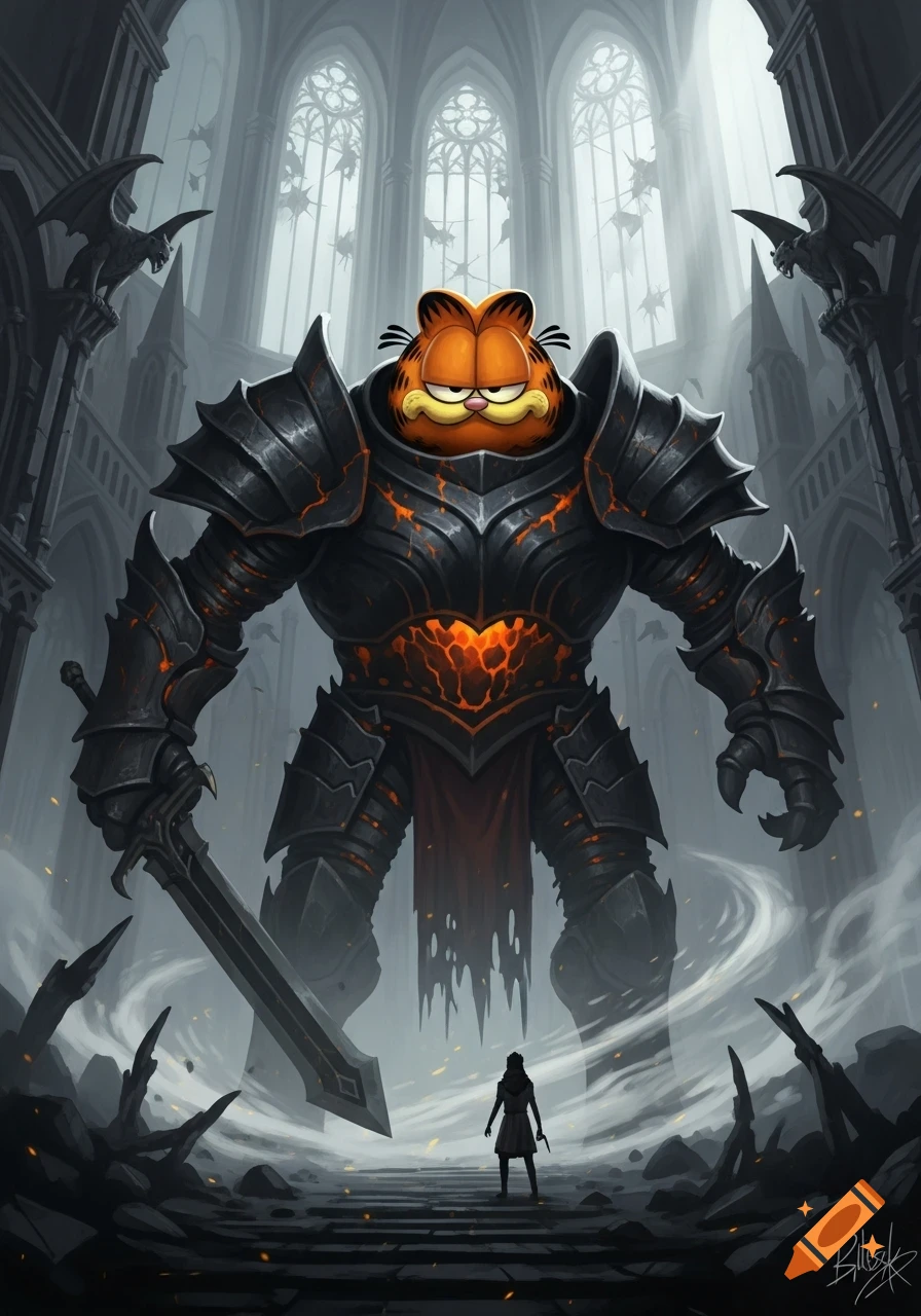 A massive, armored Garfield boss with glowing orange cracks stands in a dark gothic cathedral, facing a small lone warrior.