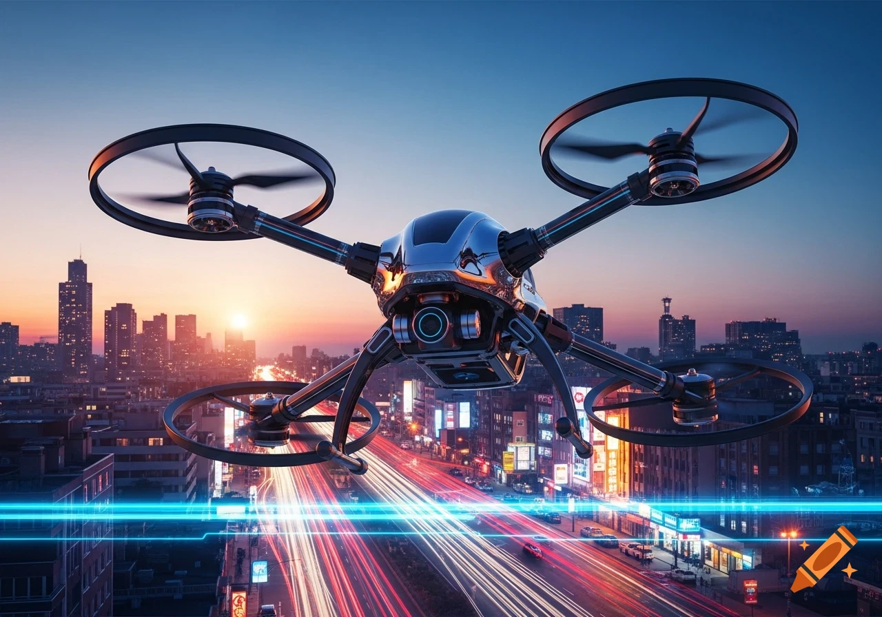 A sleek, metallic drone with four propellers hovers over a vibrant city street with long exposure light trails at sunset.