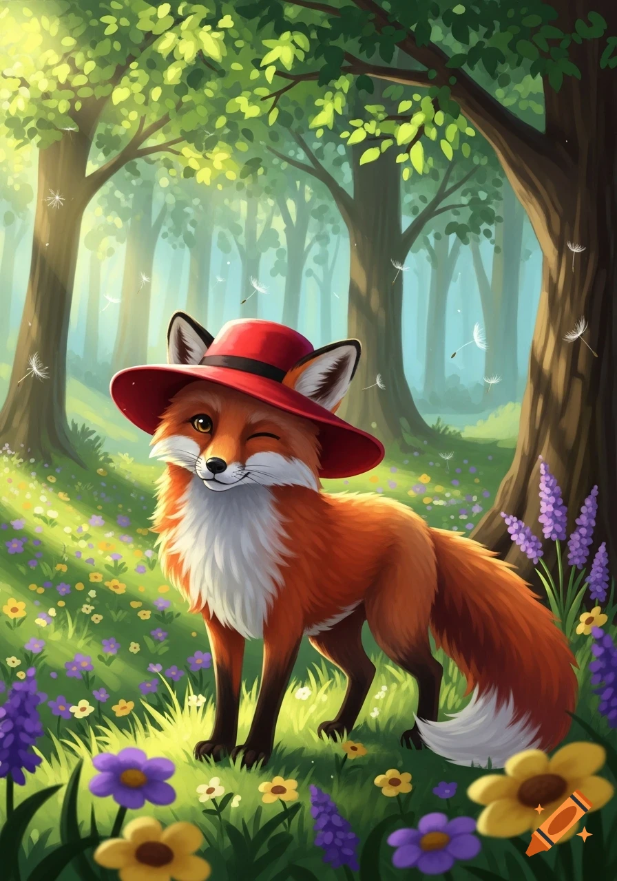 A cute, winking cartoon fox wearing a red hat stands in a sunlit forest clearing filled with colorful wildflowers.
