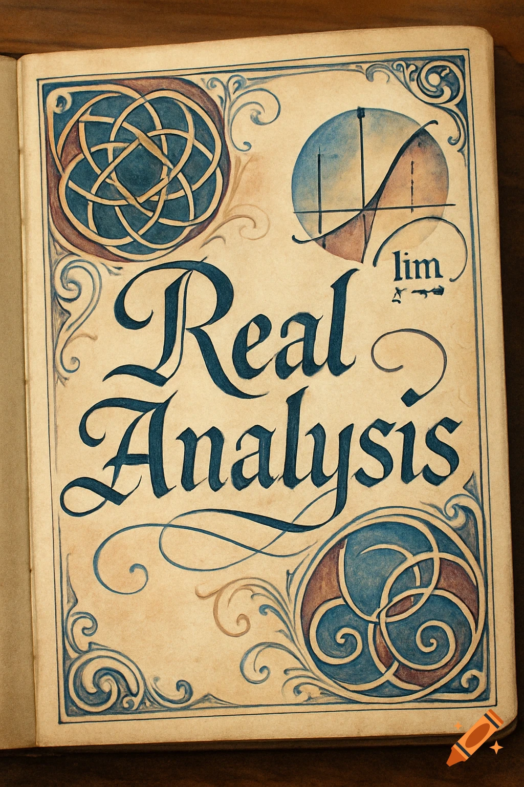 Ornate book cover for 'Real Analysis' with blue calligraphic text, mathematical graphs, 'lim' symbol, and decorative knots.