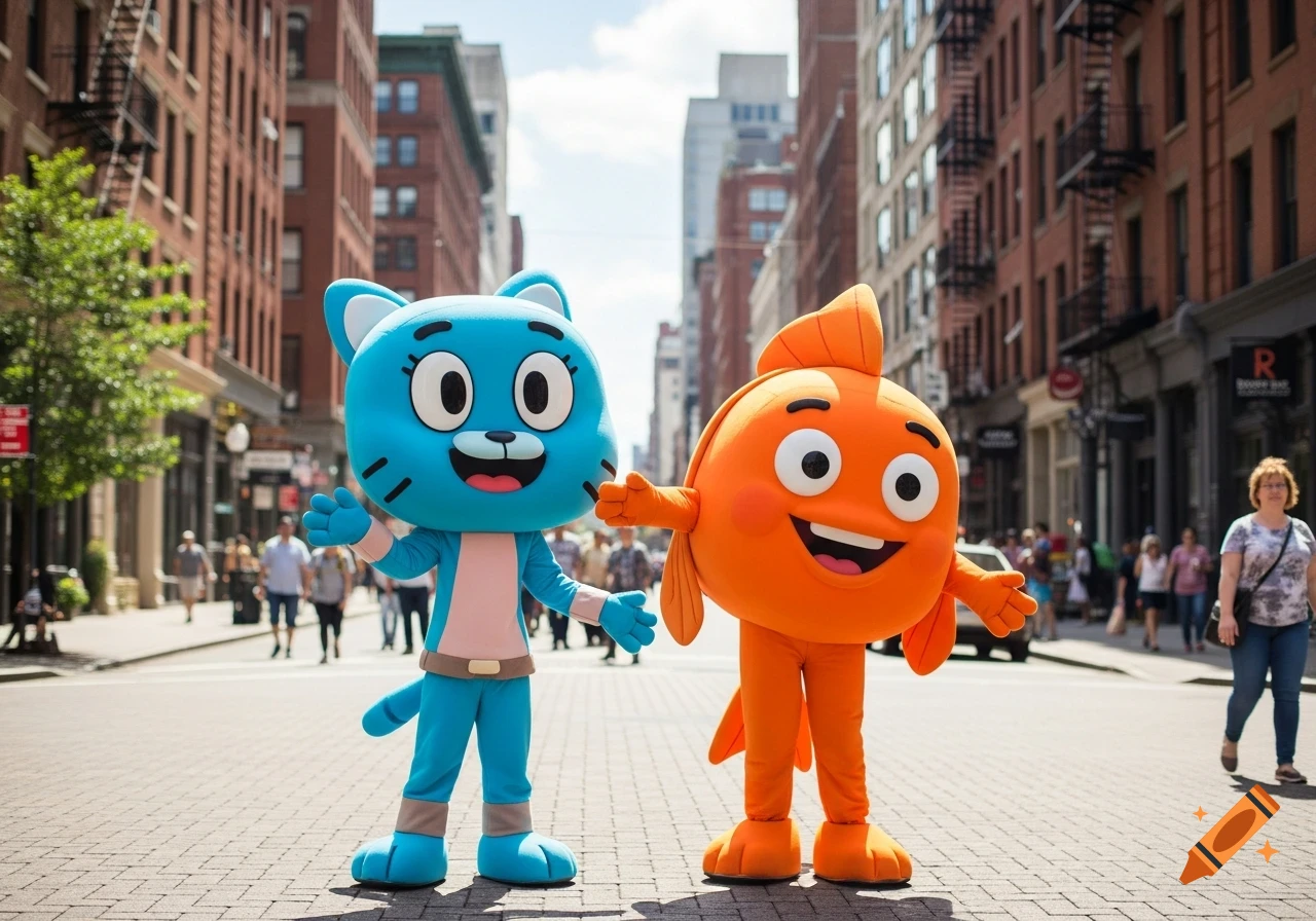 Blue cat-like mascot Gumball and orange fish-like mascot Darwin stand in a sunlit city street with buildings and blurry pedestrians in the background.