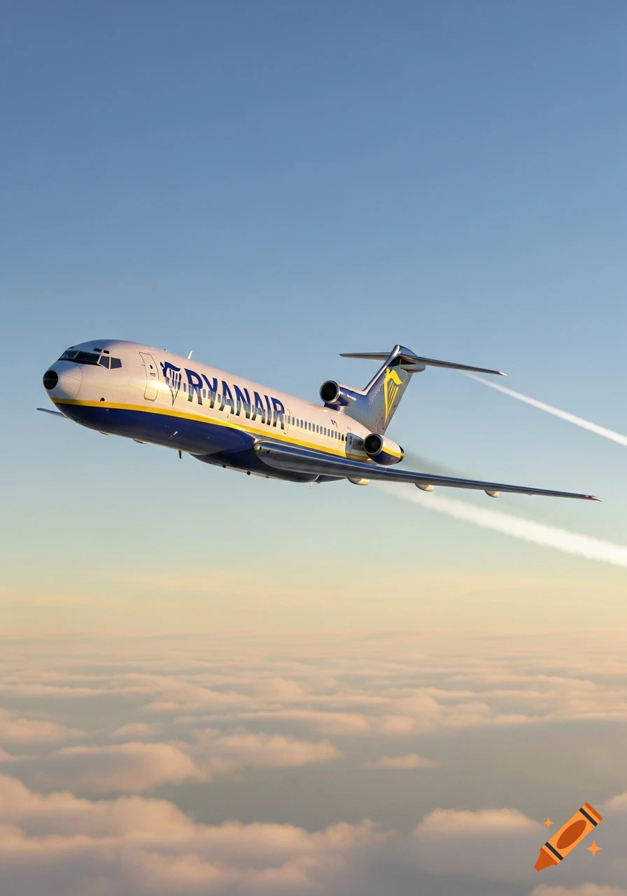 A photorealistic Ryanair 727 airplane flying above clouds under a clear blue sky.