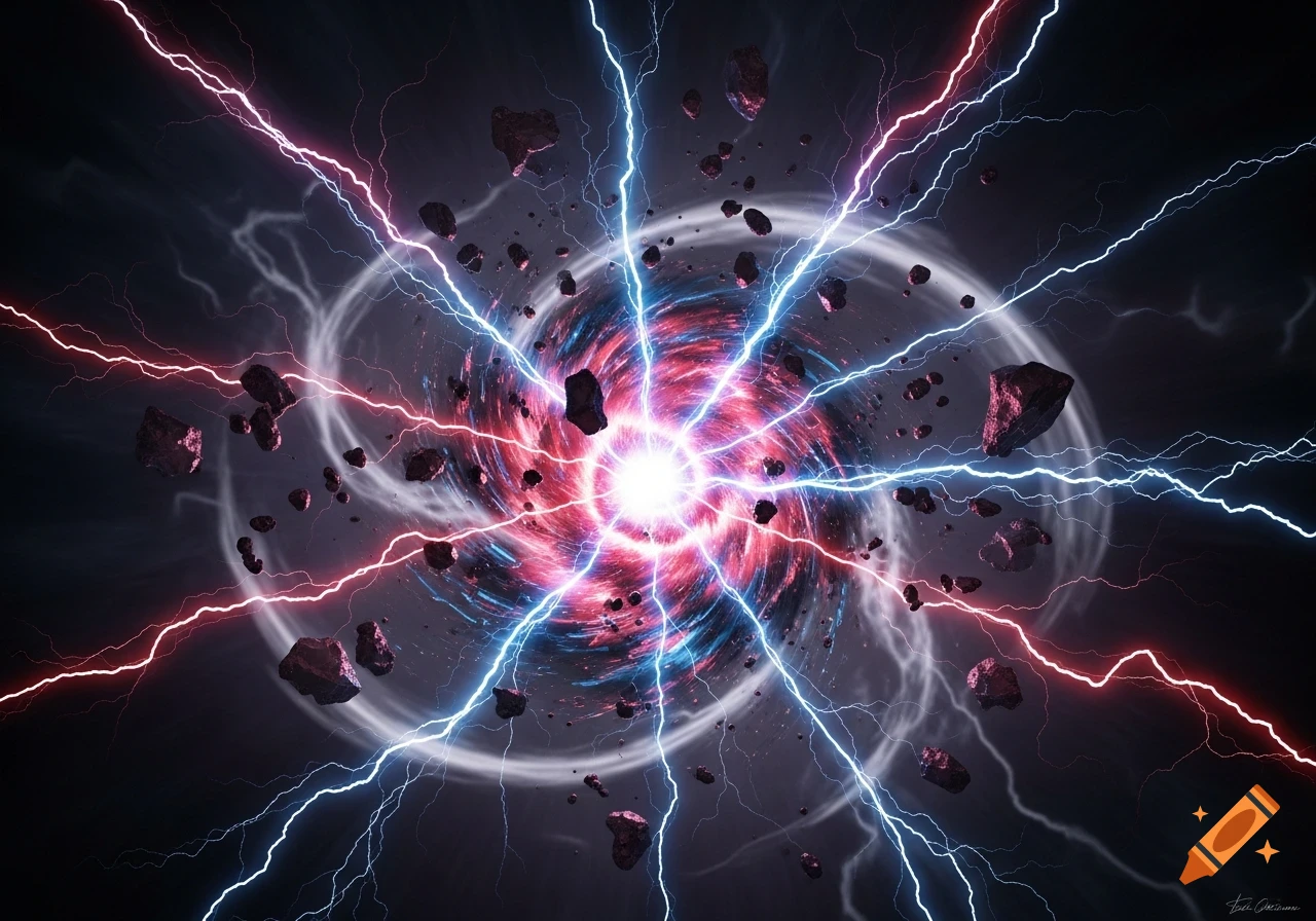 A vibrant cosmic vortex with a central glowing core, surrounded by red and blue lightning bolts and scattered asteroids.