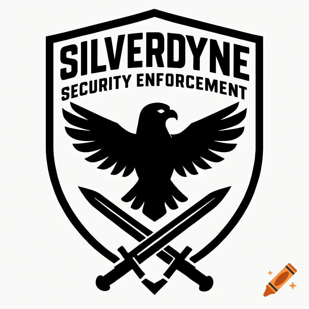 A black and white vector-style logo in a shield shape, featuring a spread-winged eagle, crossed swords, and the text "SILVERDYNE SECURITY ENFORCEMENT".
