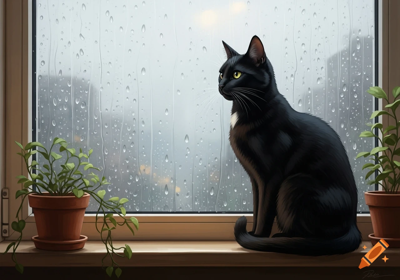 A black cat with green eyes sits on a window sill, looking out at a rainy cityscape, with potted plants on either side.