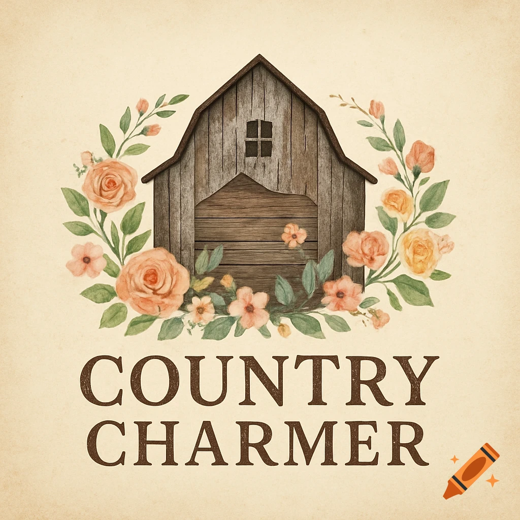A rustic logo featuring a wooden barn framed by peach and orange watercolor flowers, with the text 'COUNTRY CHARMER' below.