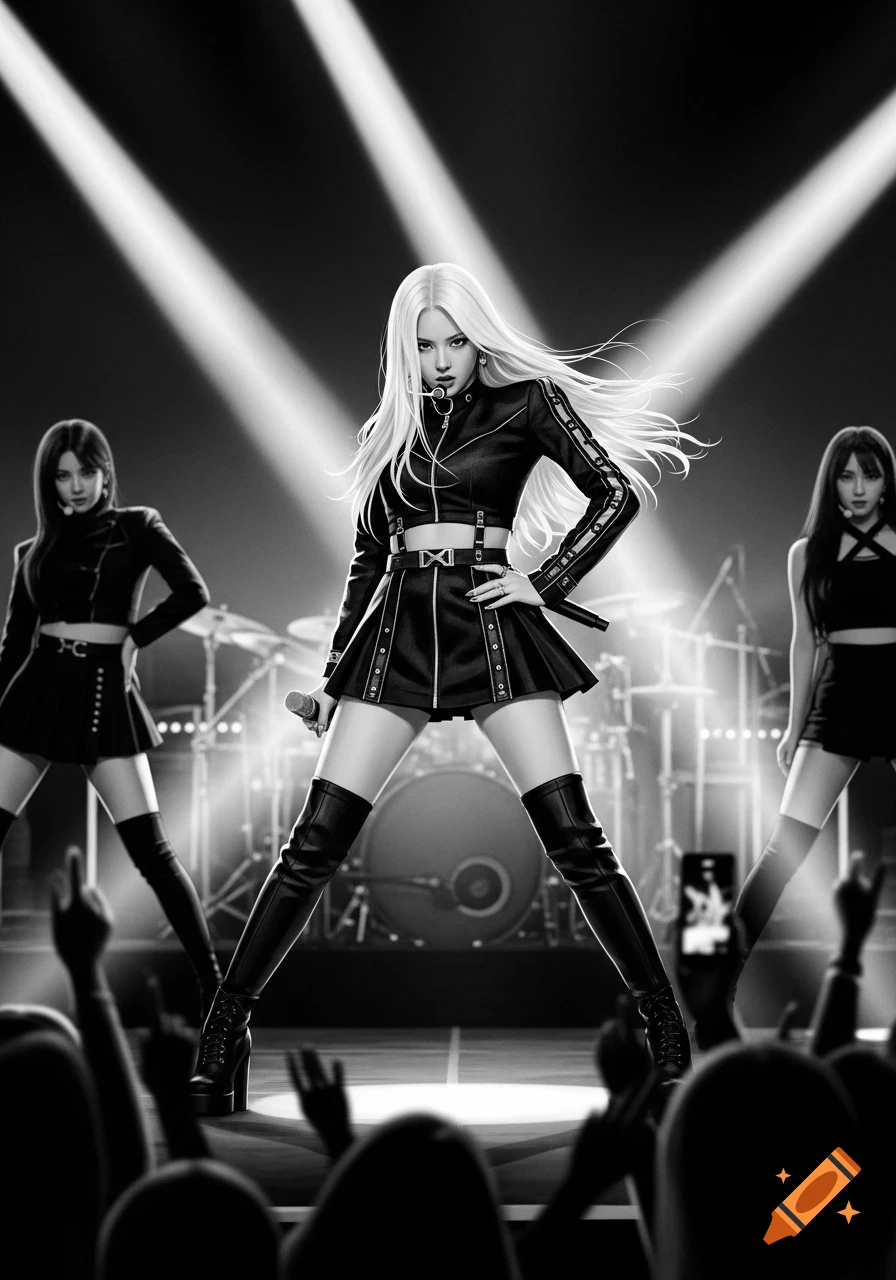 A black and white digital painting of three K-pop-style female performers on stage, viewed from the audience.