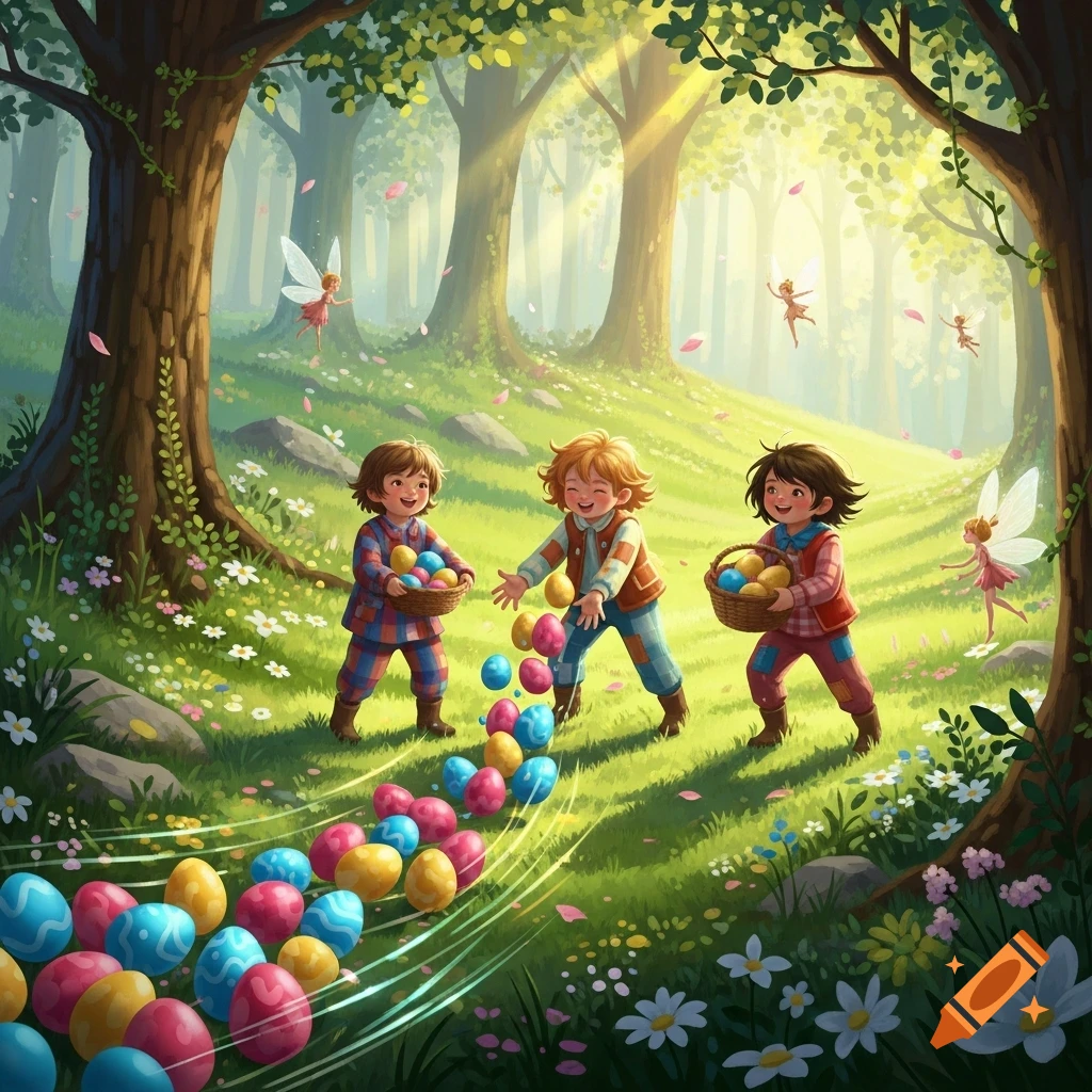Three happy children roll colorful Easter eggs down a sunny, enchanted forest hill with fairies flying around.