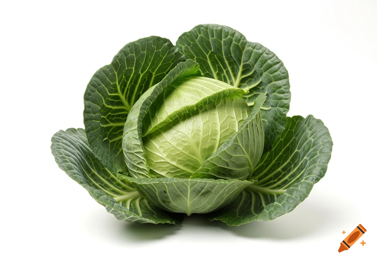 A fresh green cabbage with detailed outer leaves and a lighter green inner core, set against a plain white background.