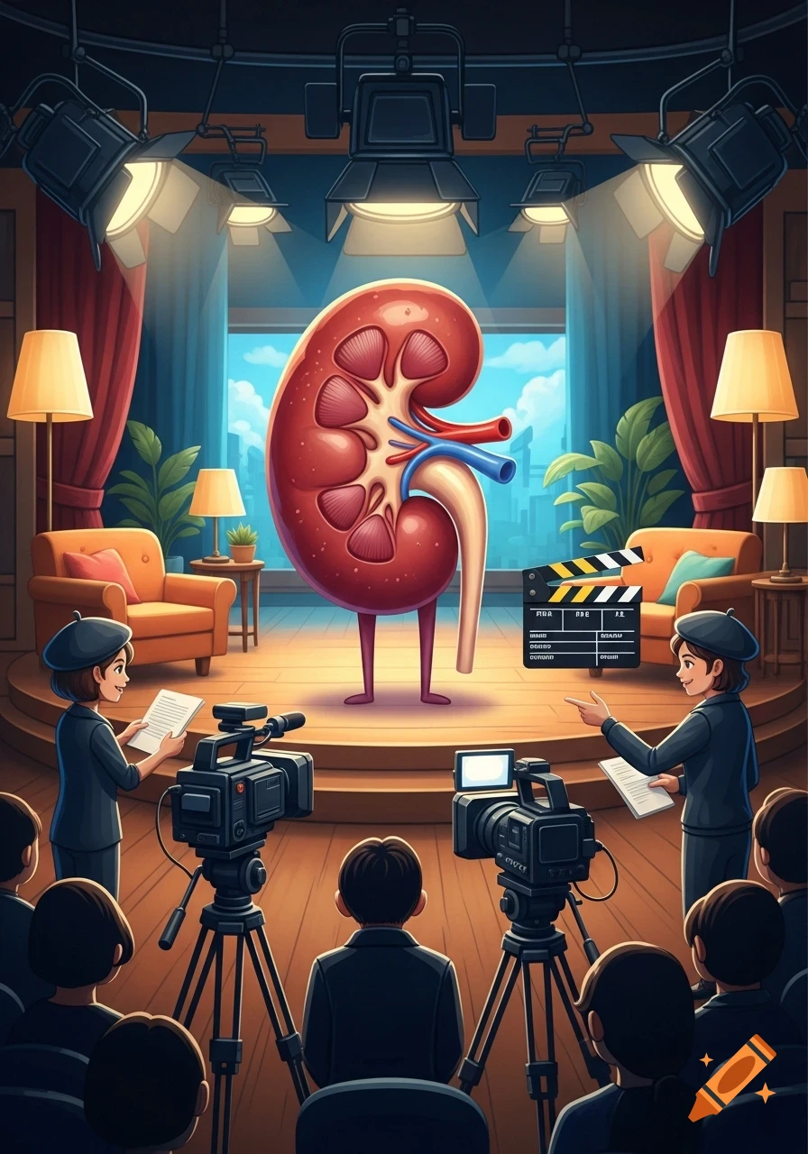 A cartoon kidney character with arms and legs stands on a television show set with cameras, directors, and an audience.