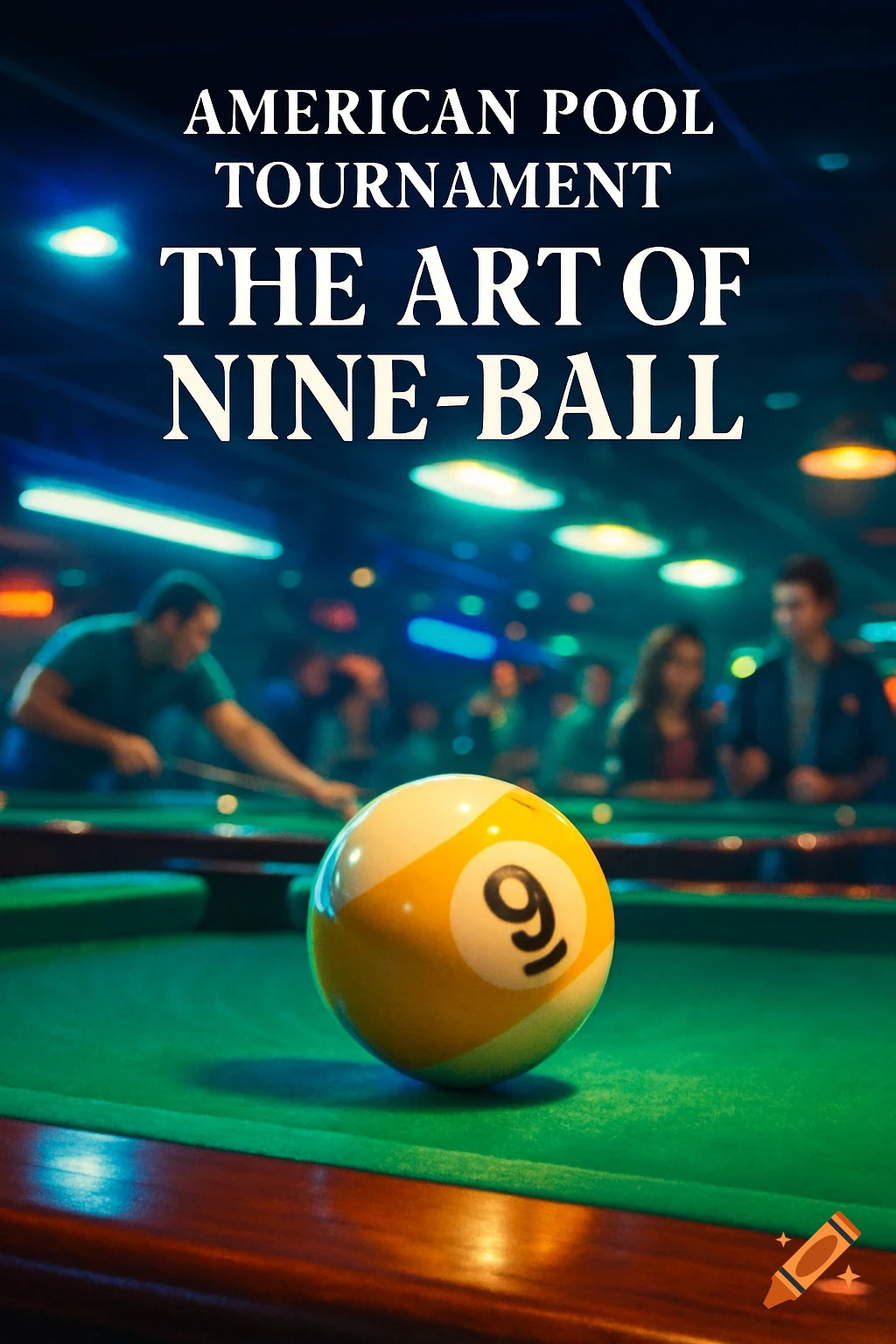 A close-up of a yellow and white nine-ball on a green pool table, with blurred players in the background. Text reads 'AMERICAN POOL TOURNAMENT THE ART OF NINE-BALL'.