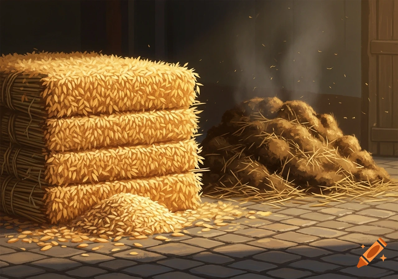 Four golden bales of oats stacked next to a large pile of dark manure on a stone floor, inside a barn.