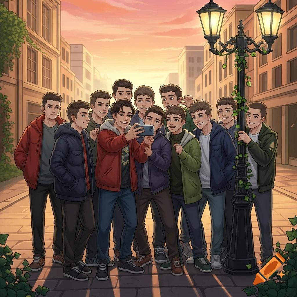 A group of anime-style boys smile as one takes a selfie on a city street at sunset, next to a lamppost with vines.