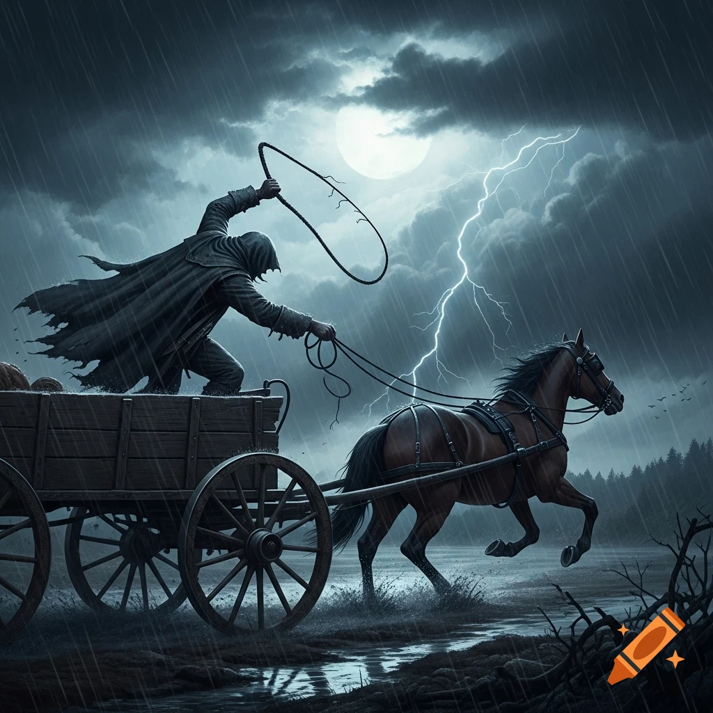 A dark, cloaked figure stands on a wooden wagon, holding a whip as a horse pulls it through a stormy, rainy landscape under a full moon and lightning. Dark trees line the horizon.