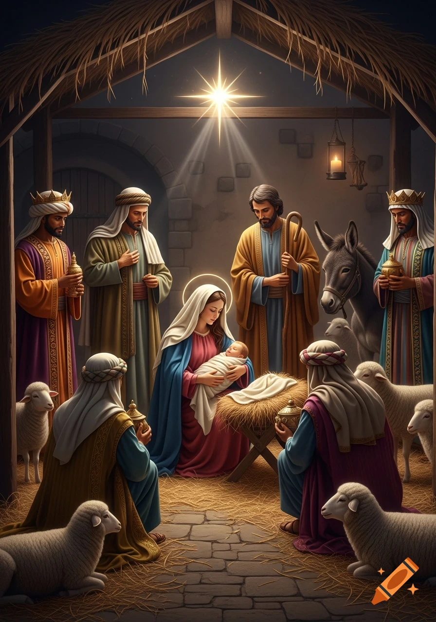 Photorealistic Nativity scene with Mary, Joseph, baby Jesus, Three Wise Men, shepherds, sheep, and a donkey in a stable under a star.