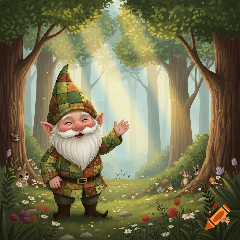 A friendly, smiling gnome with a white beard and a patched hat waves in a sunlit forest with flowers and small animals, in an illustrative style.